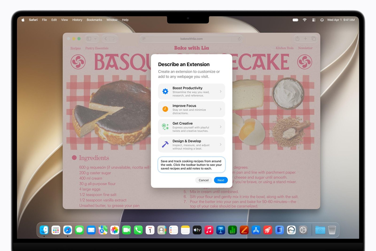 An image showing Apple’s “Describe an Extension” feature
