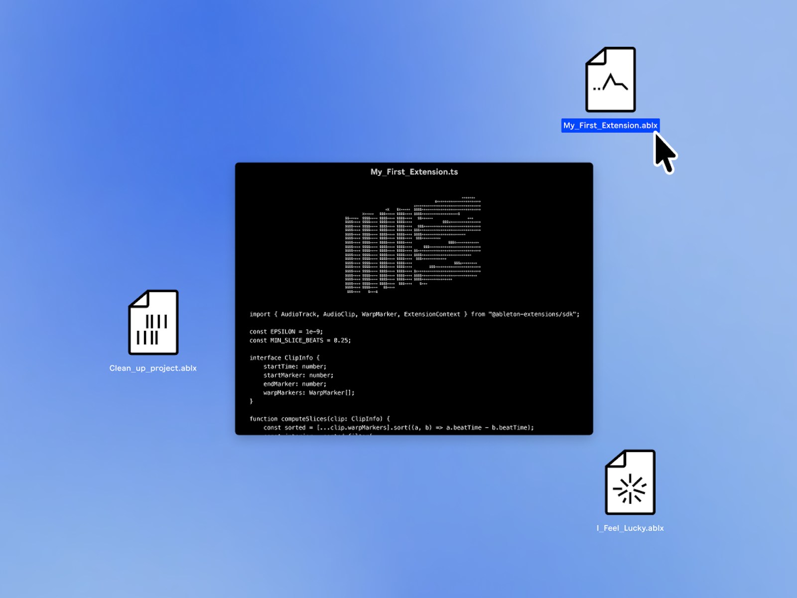 Art for Ableton’s Extension SDK showing a terminal window and some files on a desktop.
