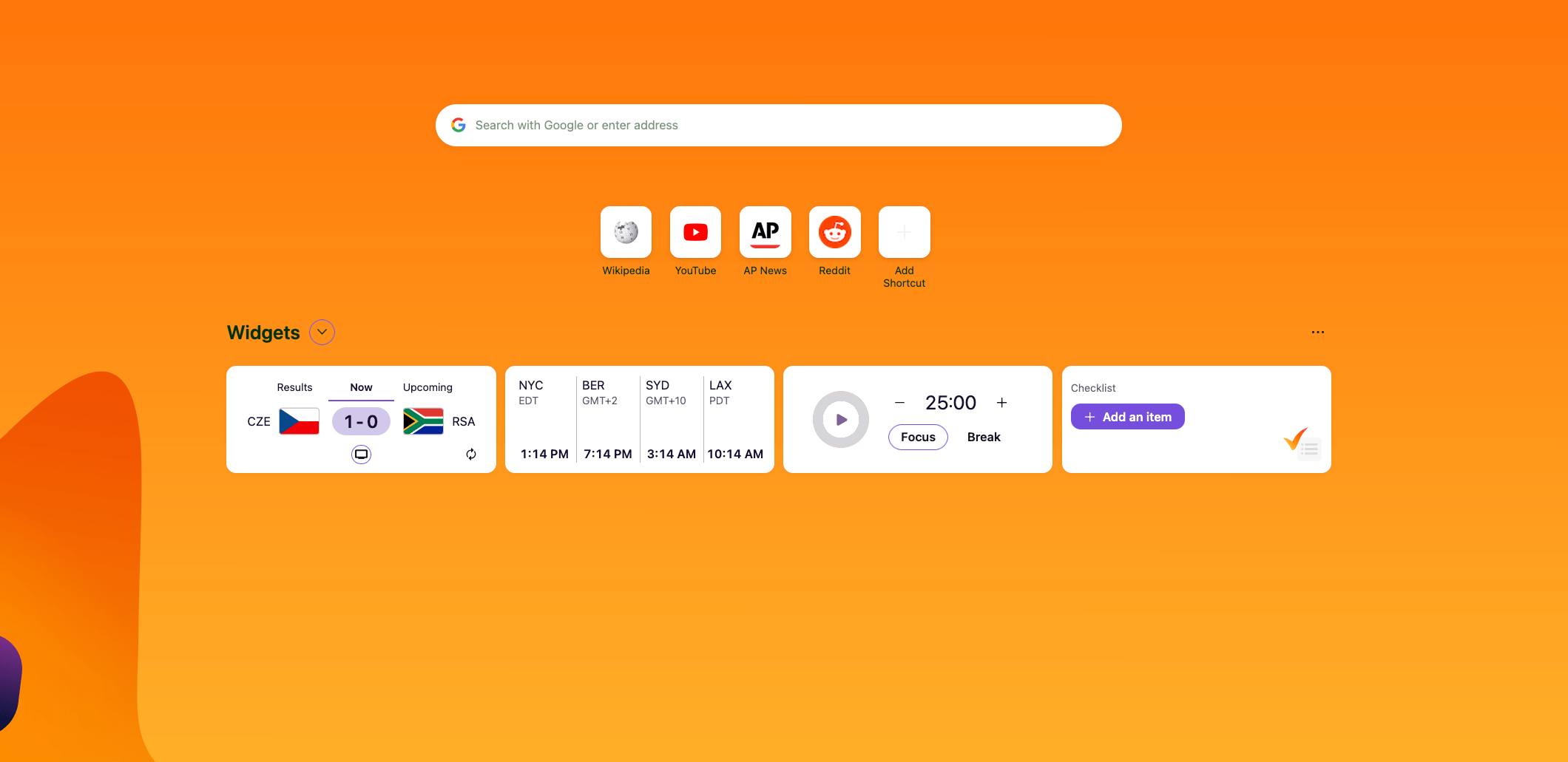 A cropped screenshot of Firefox’s new home page widgets