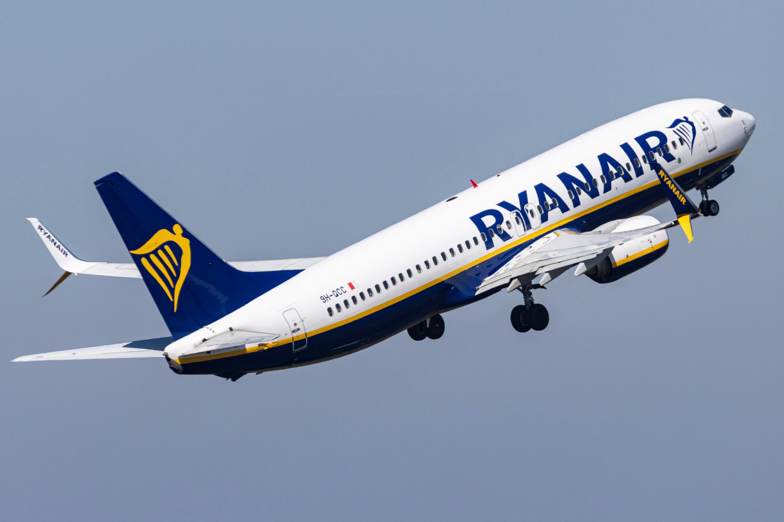 A Ryanair low cost carrier Boeing 737-800 aircraft spotted taking off from Eindhoven Airport in the Netherlands.