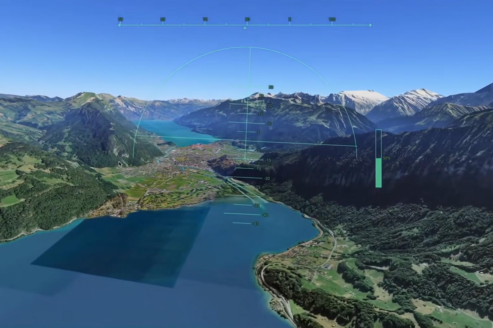 A virtual plane flying over mountain terrain in Google Earth’s web-based flight simulator.
