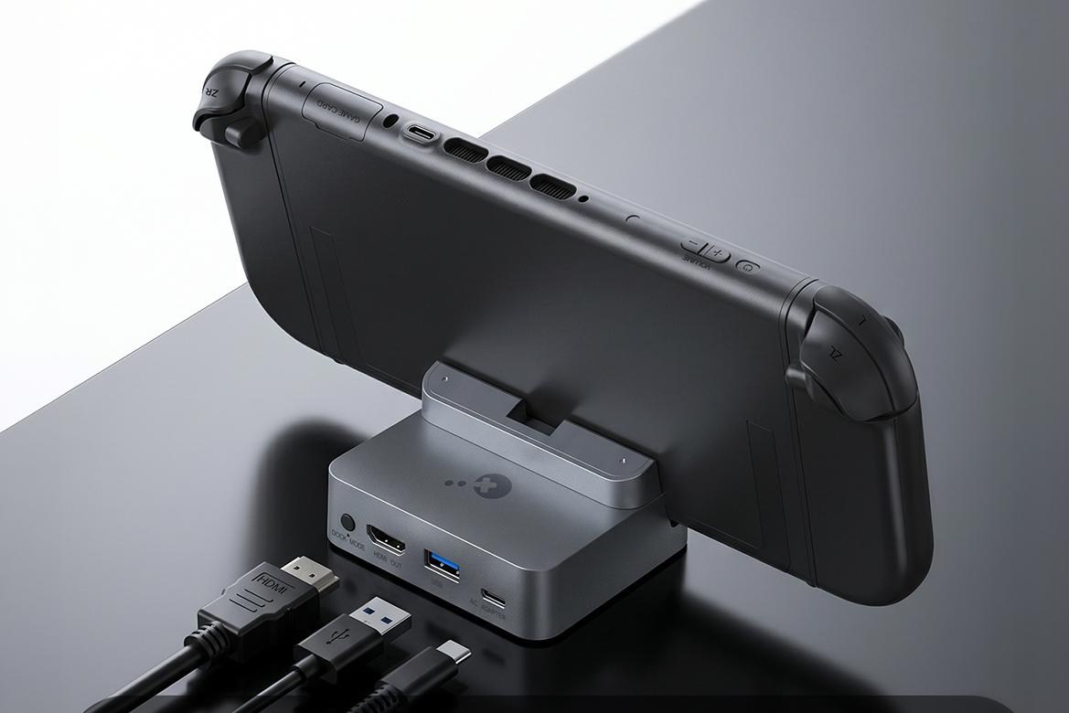 A Nintendo Switch 2 connected to GuliKit’s new TV dock.