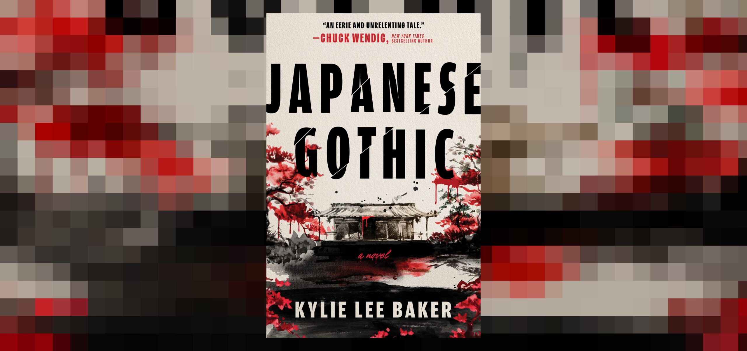 The cover of Kylie Lee Baker’s novel ‘Japanese Gothic’ set against a pixelated background.