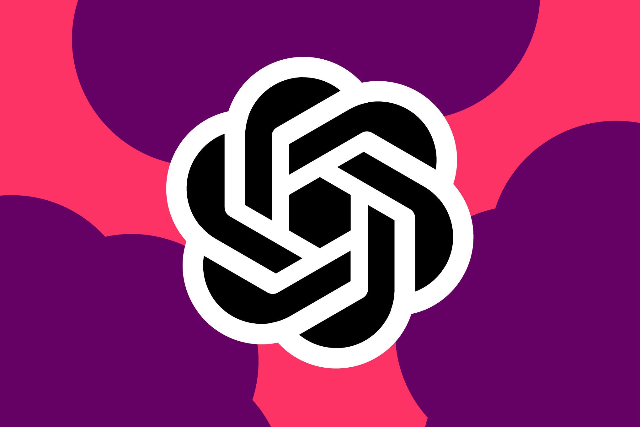 OpenAI’s logo on a pink and purple background.
