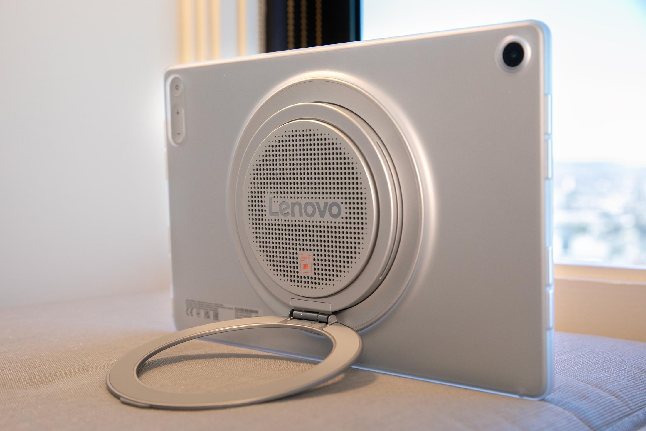 The back of the Lenovo Tab Plus Gen 2 tablet propped up in horizontal mode using its new rotating stand.
