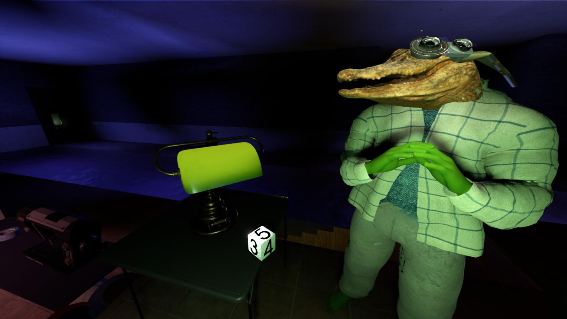 A brightly saturated, slightly low-poly alligator-human hybrid in a green plaid suit, standing next to a die.