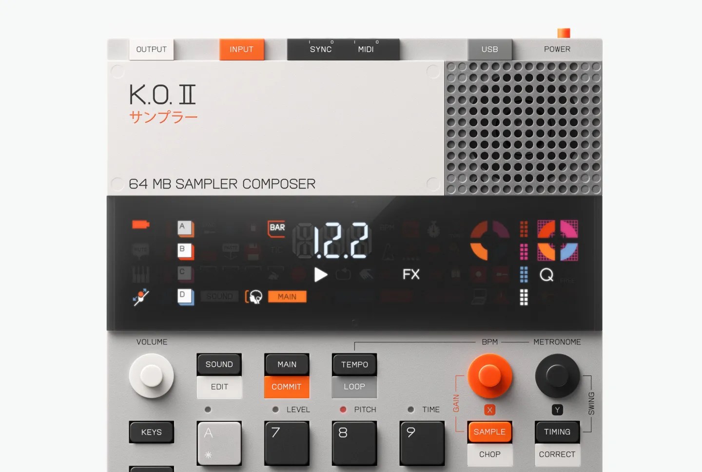 A close up of the top half of the Teenage Engineering’s EP-133 KO II sampler.