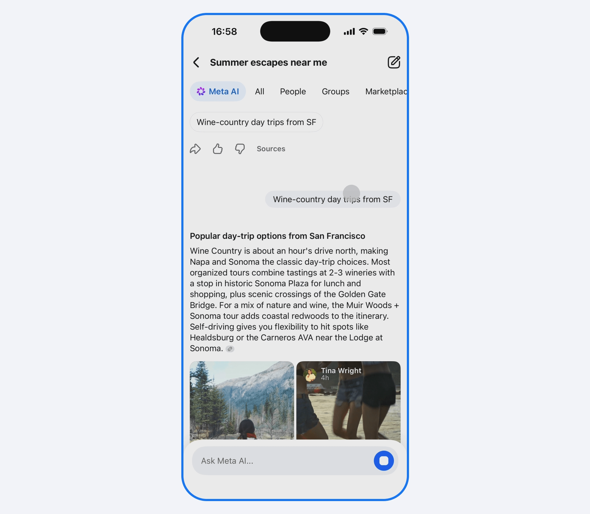 A screenshot of AI-generated search results in Meta's AI Mode on Facebook A screenshot of AI-generated search results in Meta's AI Mode on Facebook