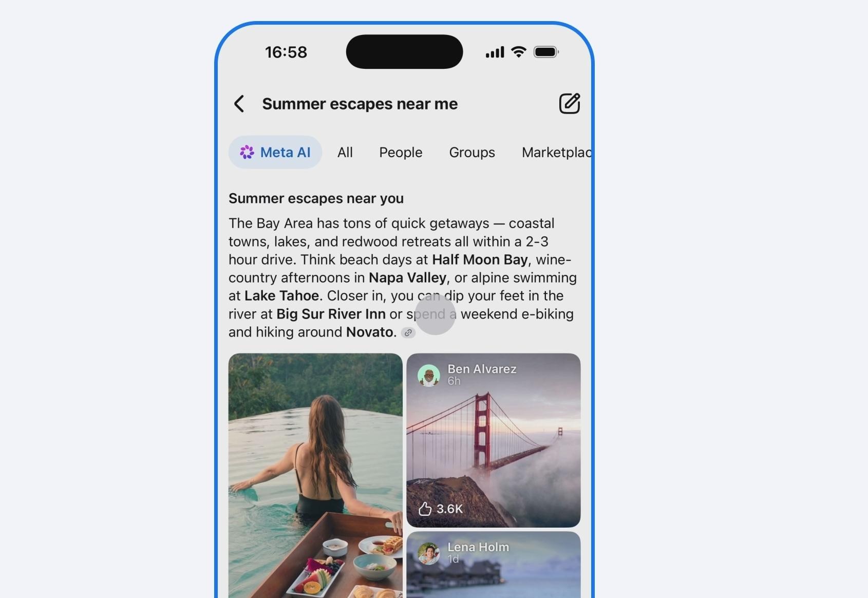 A screenshot of AI-generated search results in Meta’s AI Mode on Facebook