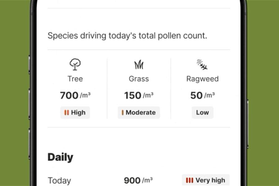 A screenshot of The Weather Channel mobile app showing pollen types.