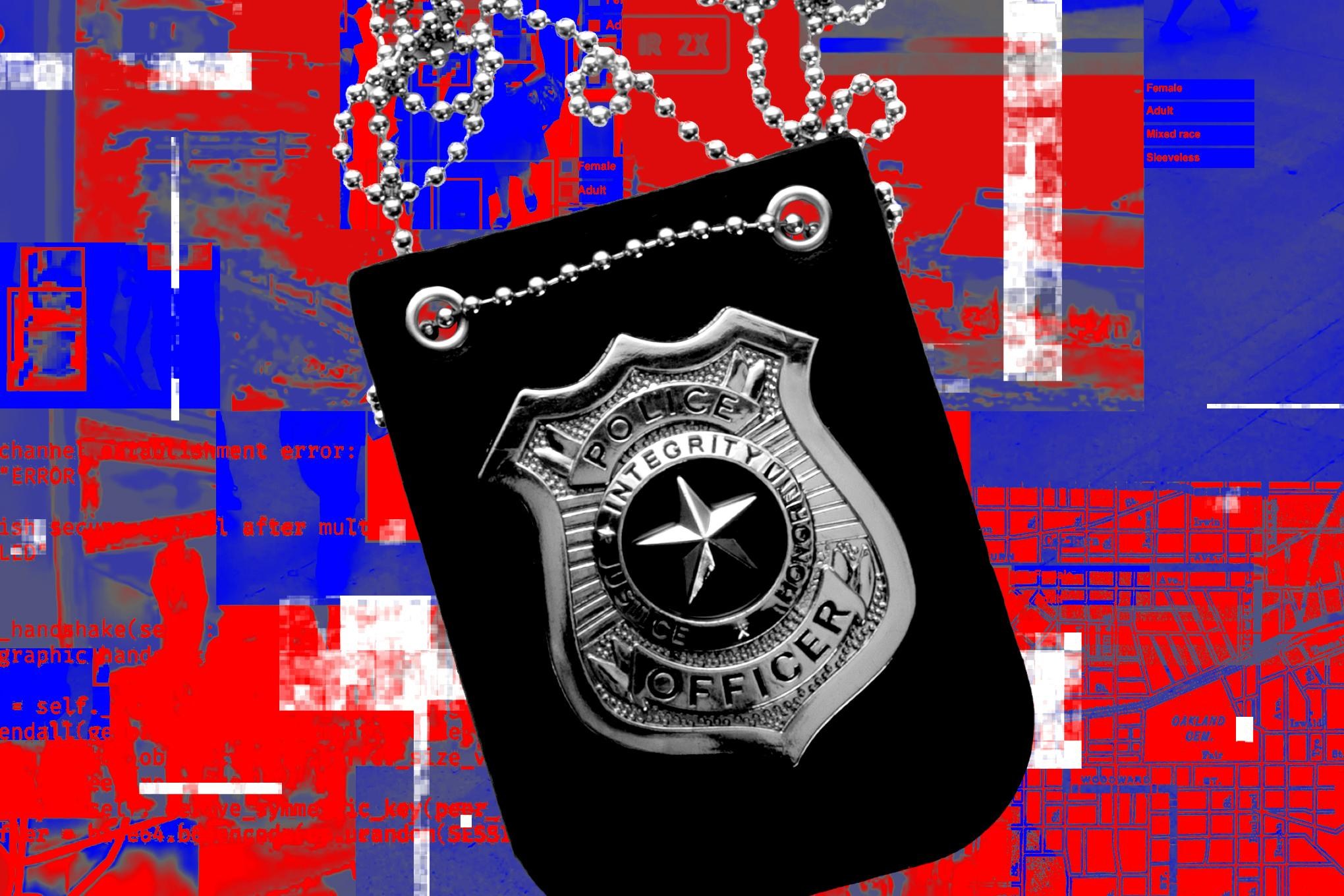 Glitchy image of a police badge with a background of computer vision and AI tech imagery.