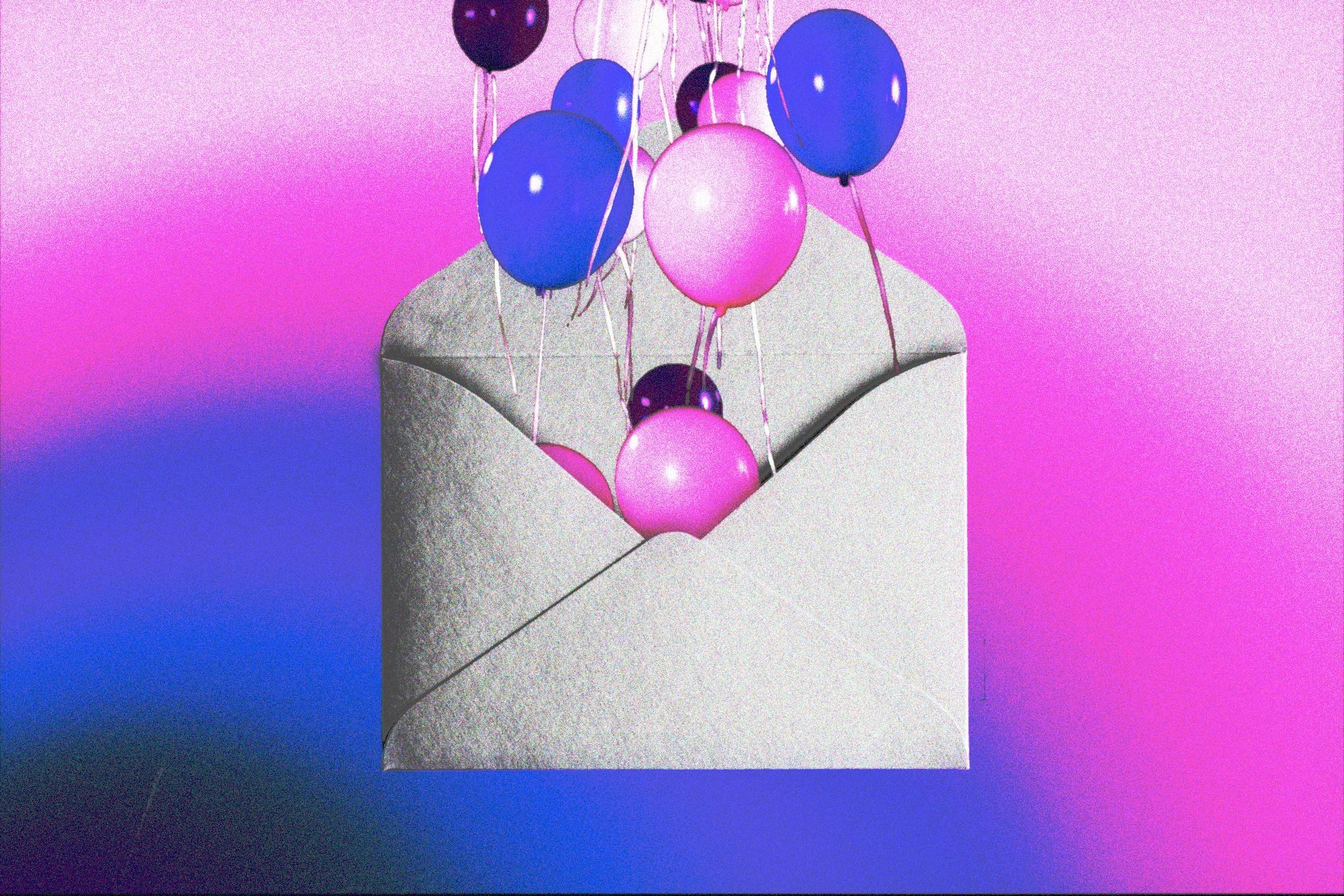 Balloons popping out of an envelope on a gradient background.