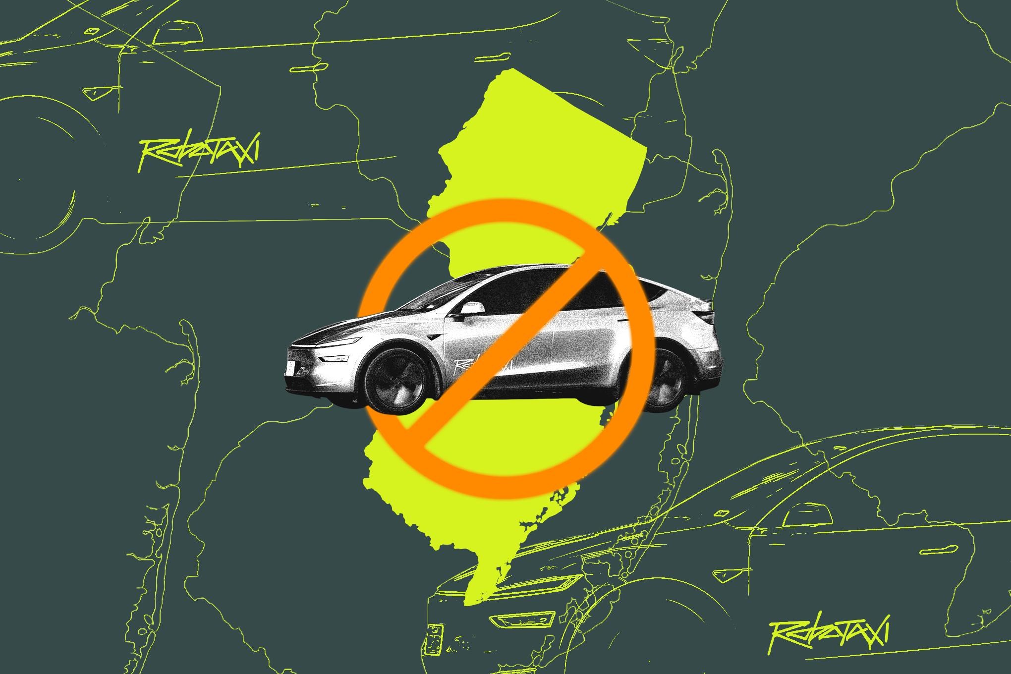 A Tesla superimposed over the state of New Jersey with no symbol on it.
