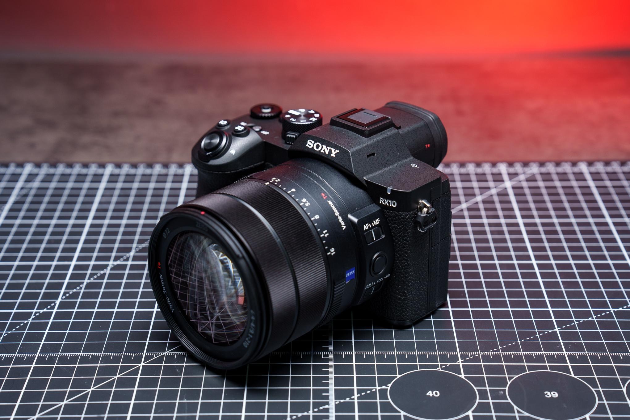 A Sony RX10 V camera on a cut mat.