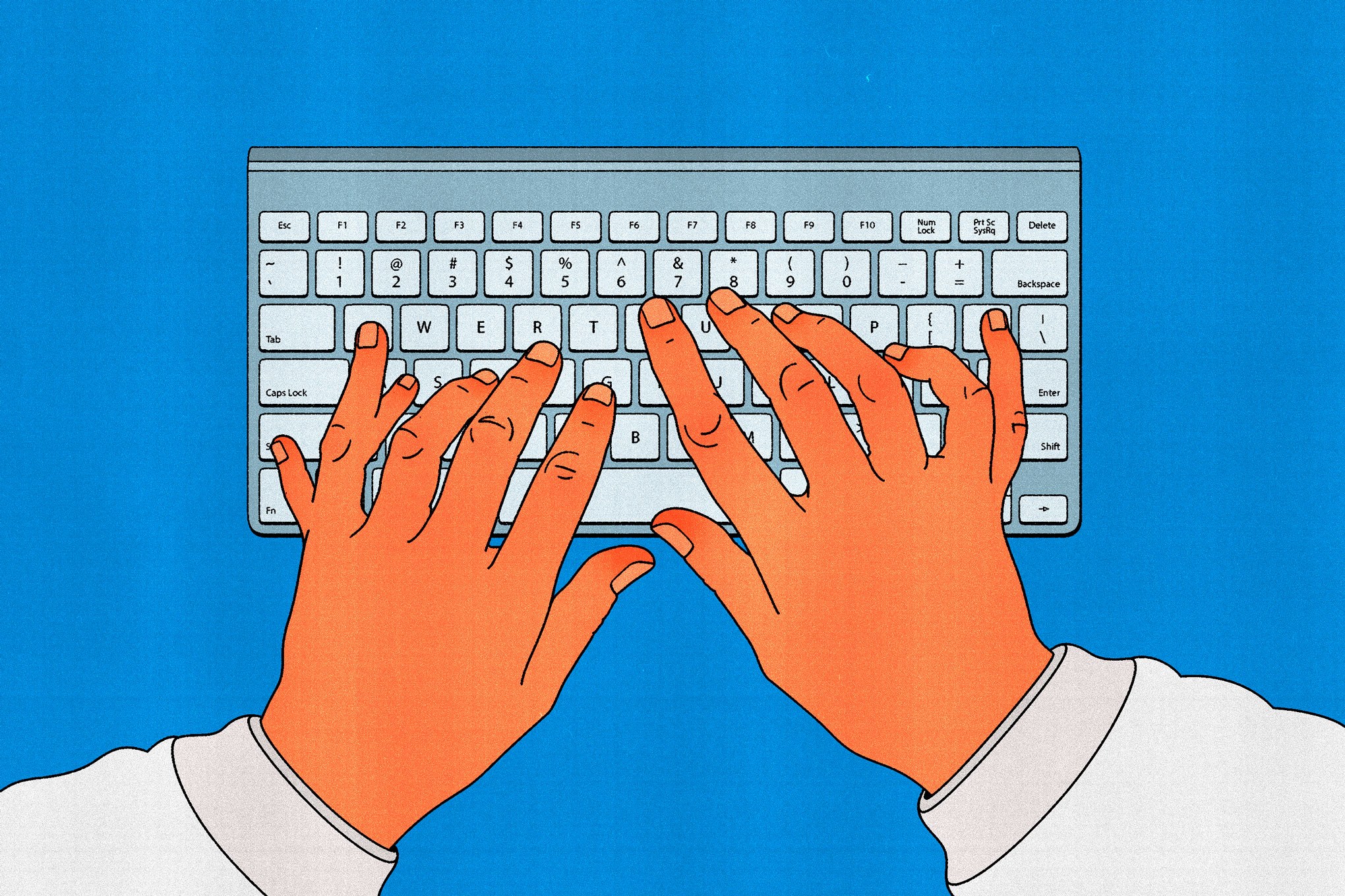 Hands with too many fingers typing on a keyboard.