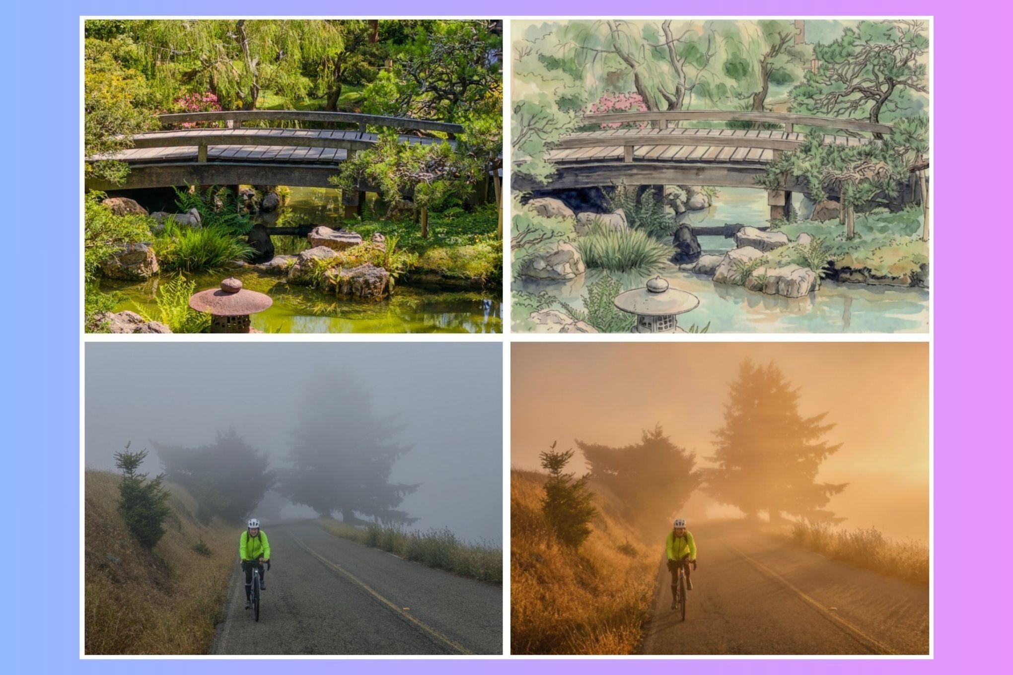 Two before and after images showing photographs edited with generative AI in Adobe’s Indigo app.