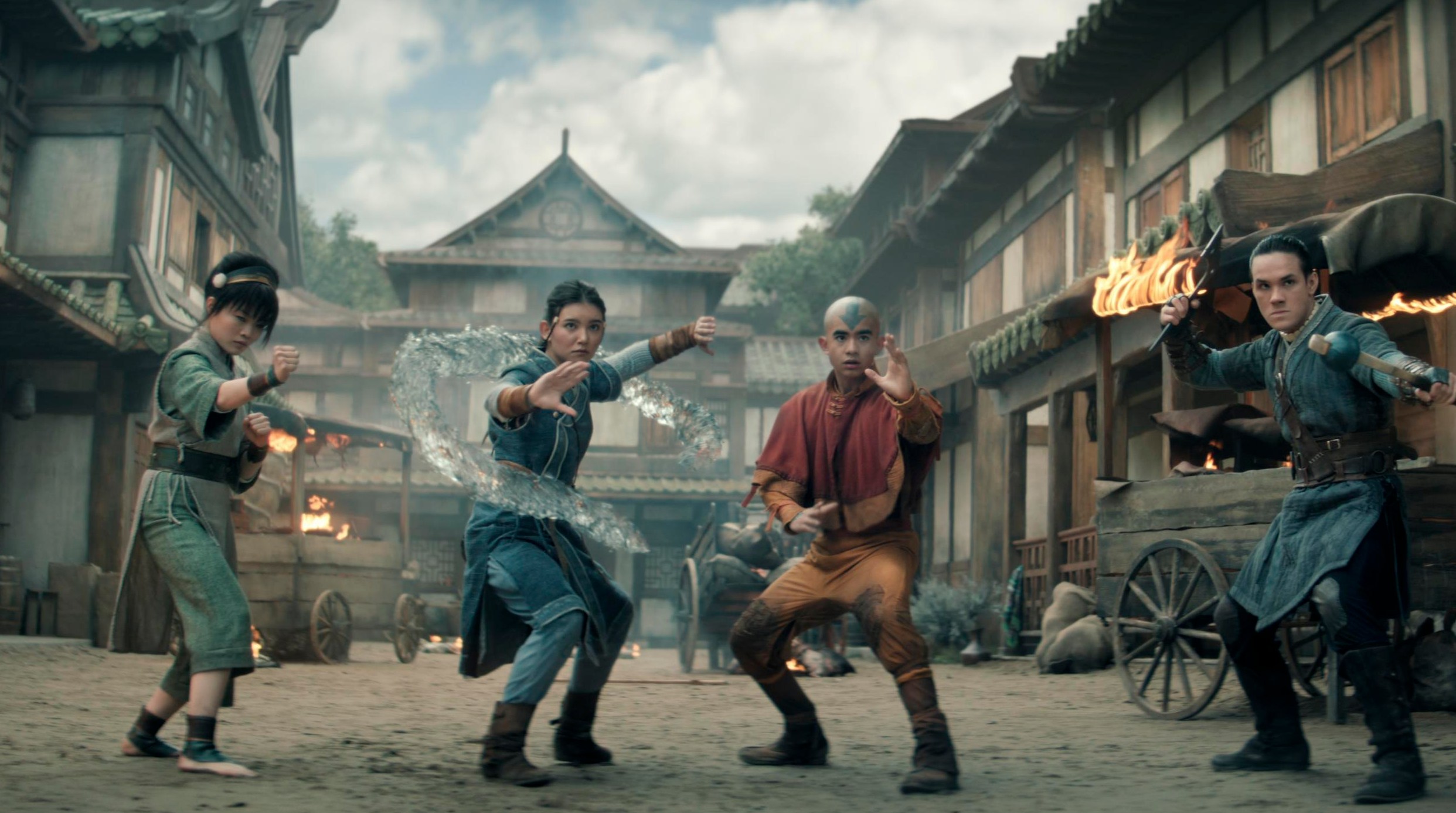 Toph, Katara, Aang, Sokka, and Suki in Netflix’s live-action adaptation of Avatar: The Last Airbender.