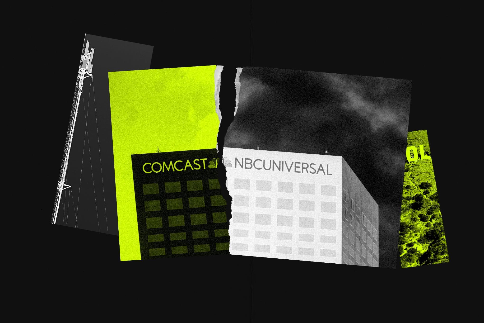 A photo illustration featuring the splitting of the Comcast and NBC Universal logos.