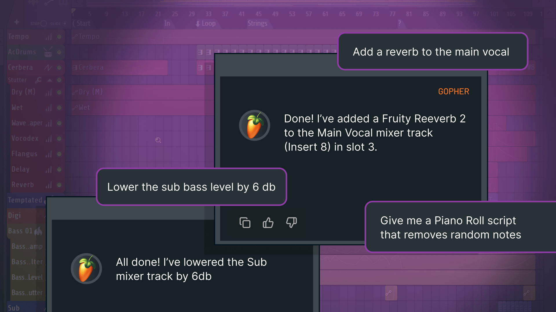 Collage of FL Studio’s Gopher AI chatbot performing simple tasks.