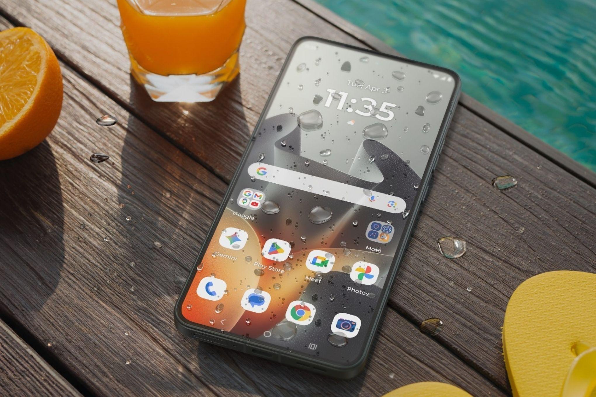 The Motorola Edge 70 Max on a table beside a pool.