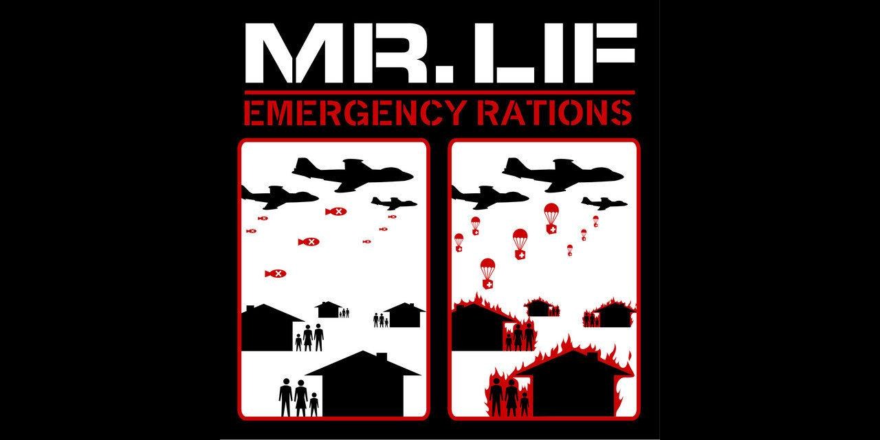 Cover of Mr. Lif’s Emergency Rations EP showing planes dropping bombs on people and then planes dropping aid to those same people.