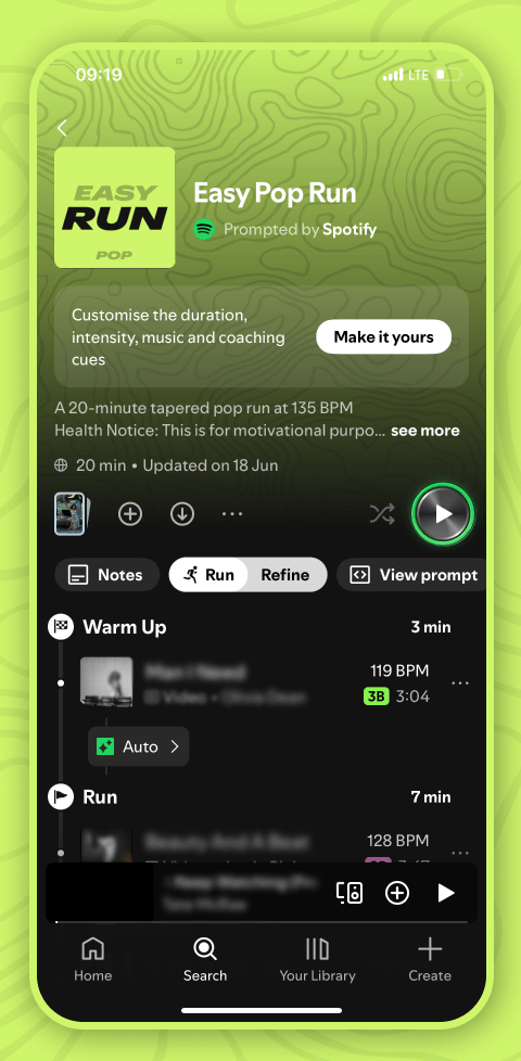 A screenshot showing Spotify's Running Mode on the Spotify iOS app. A screenshot showing Spotify's Running Mode on the Spotify iOS app.
