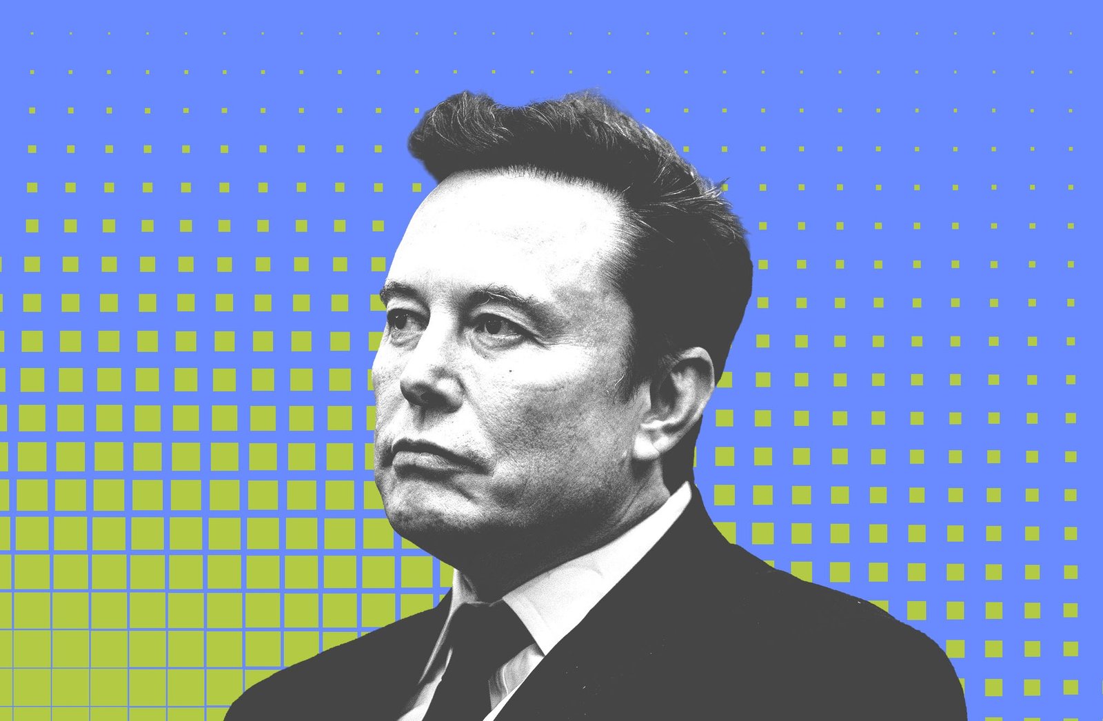 Elon Musk in front of a background of geometric shapes.