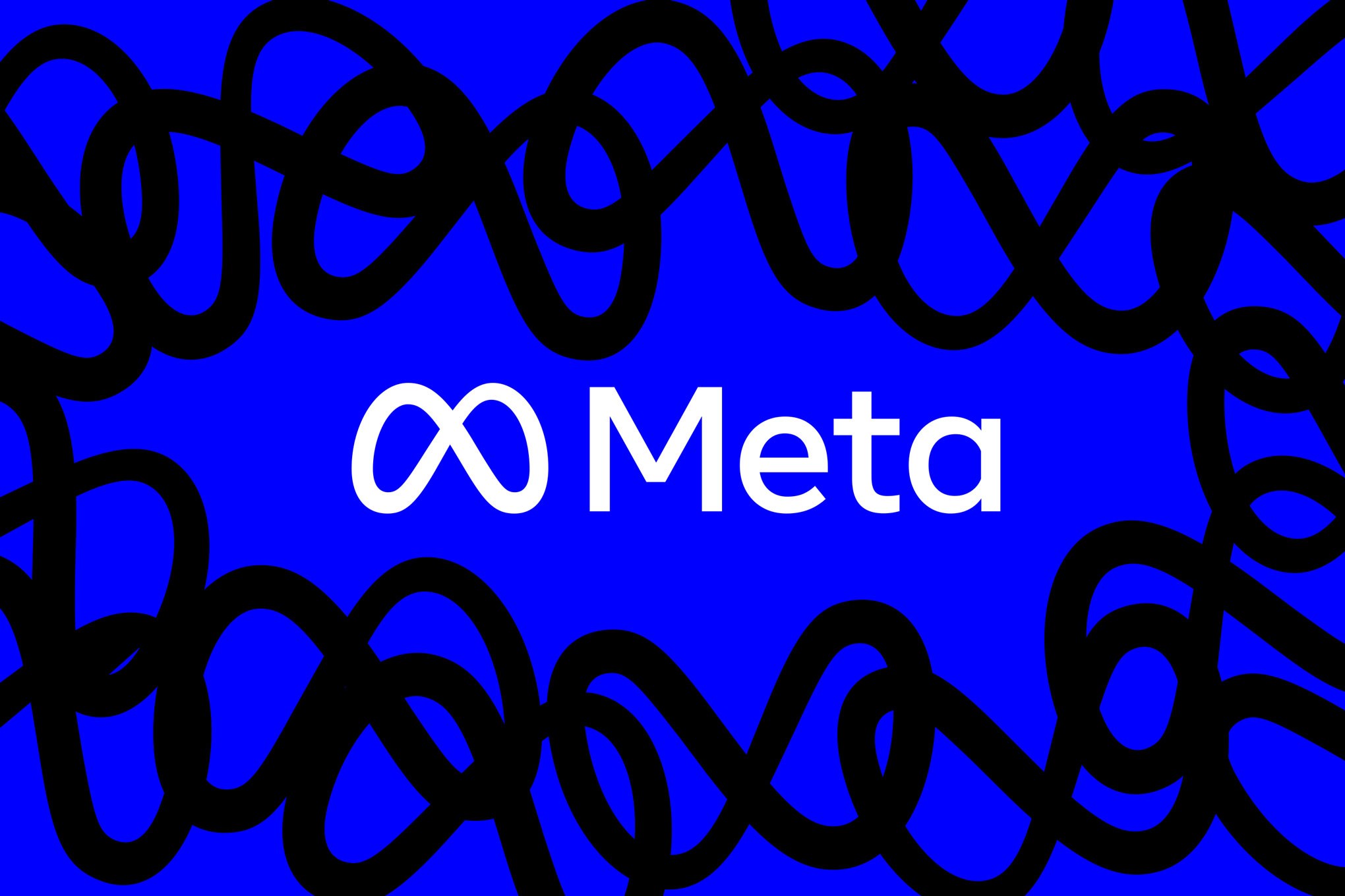 Image of the Meta logo and wordmark on a blue background bordered by black scribbles made out of the Meta logo.