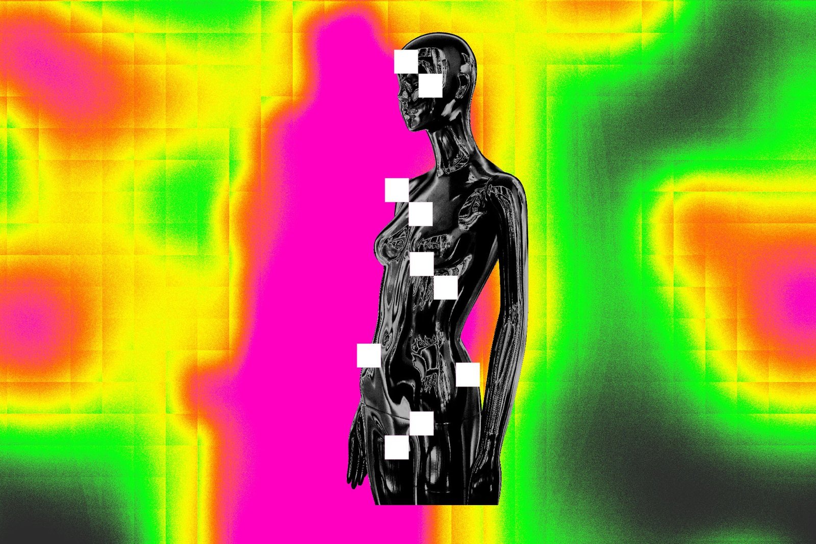 A faceless mannequin with digital embellishments against a colorful background.