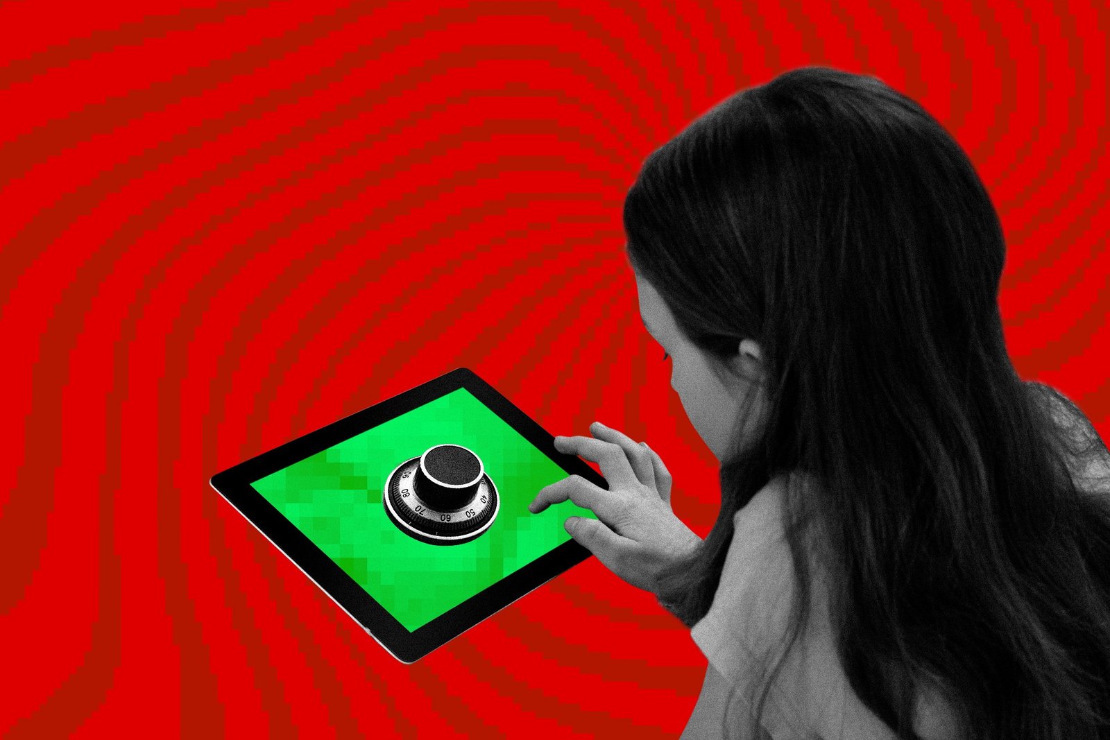 Photo collage showing a child attempting to use a tablet screen that has a combination lock.