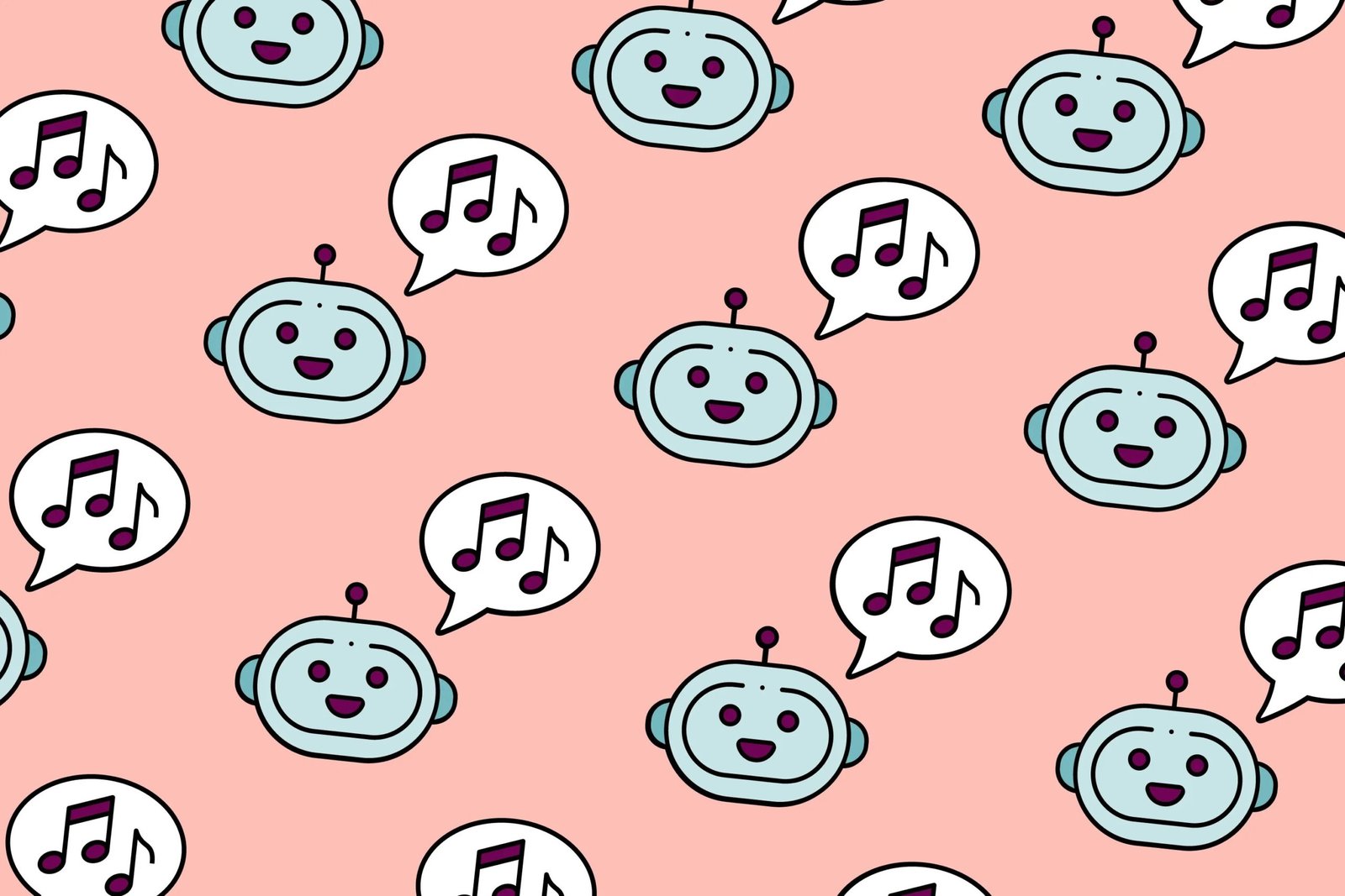 Image showing a cartoony robot head with music notes inside a speech bubble near it.