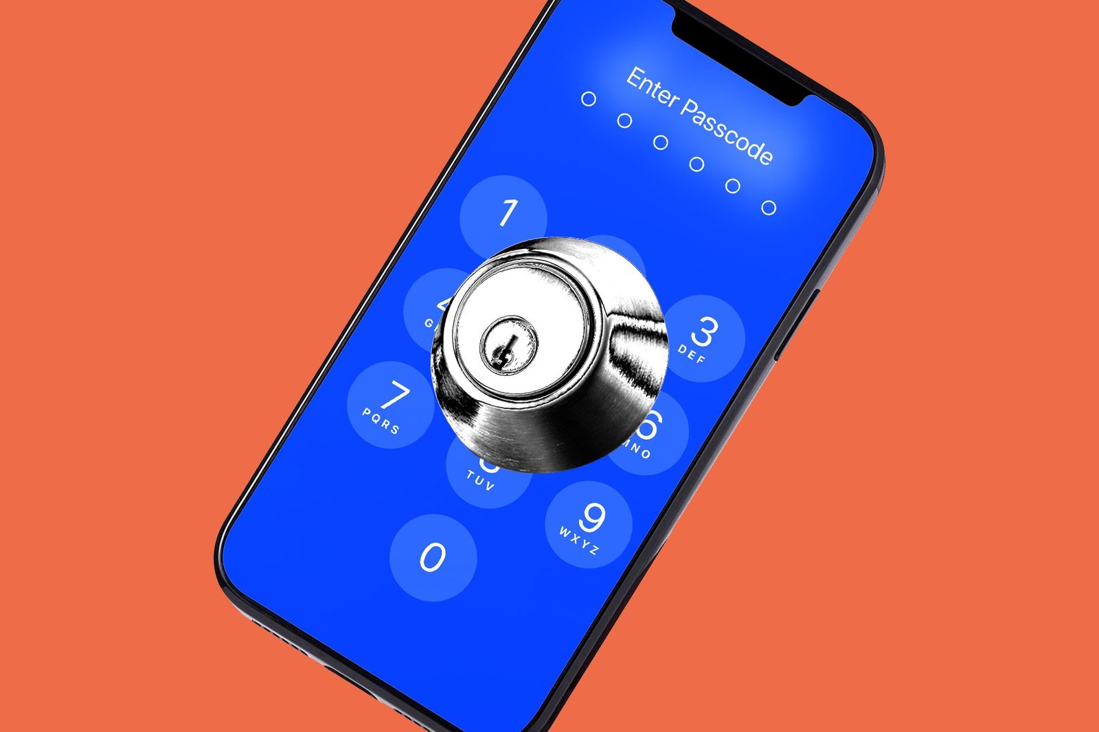 A photo of an iPhone on its passcode screen with a lock attached to the display.