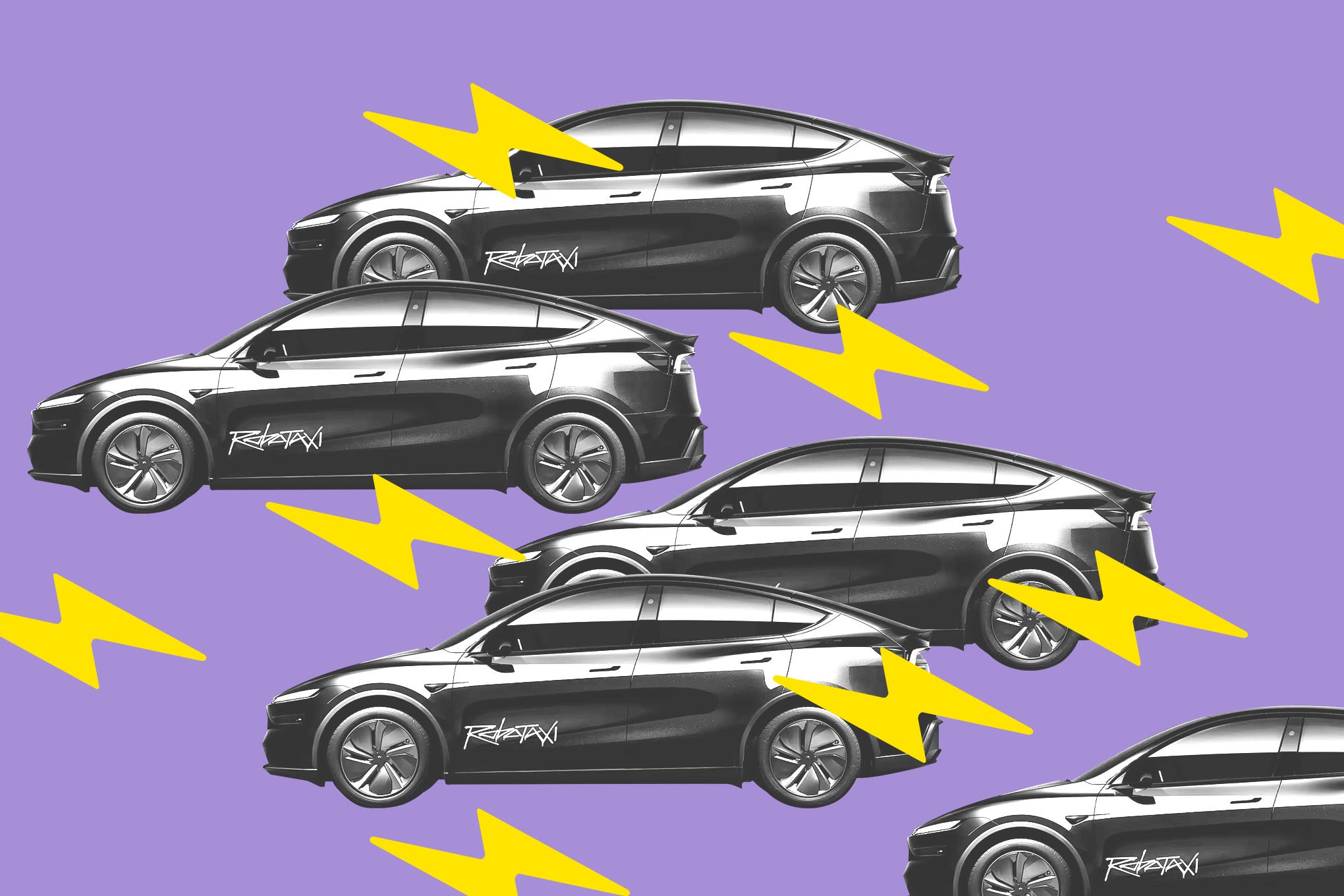 Tesla Robotaxi on a graphic purple background.