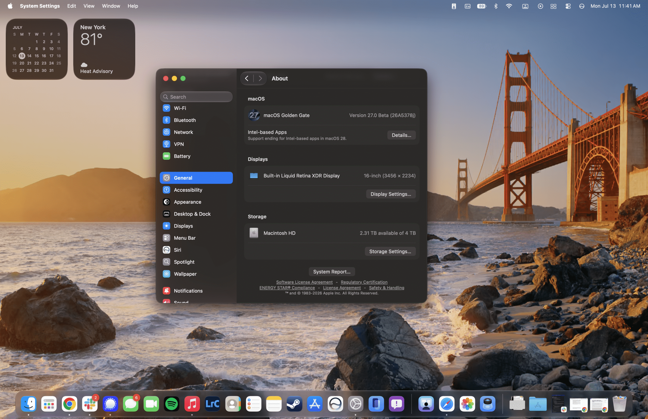 A screenshot of macOS 27 Golden Gate with Settings open.