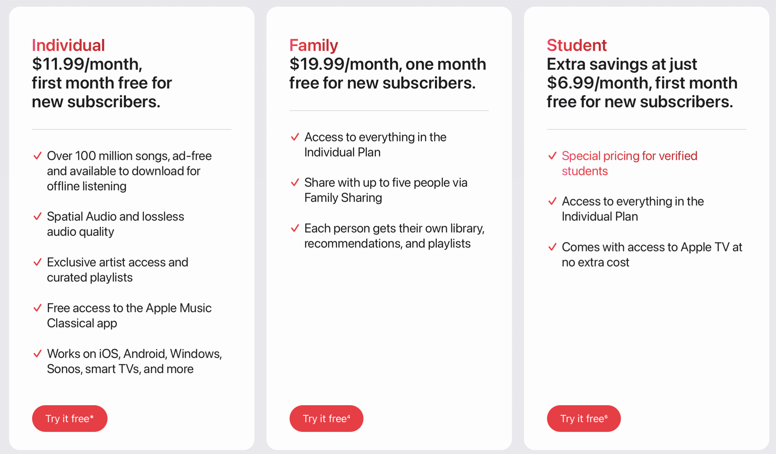 A screenshot of the Apple Music pricing page. A screenshot of the Apple Music pricing page.