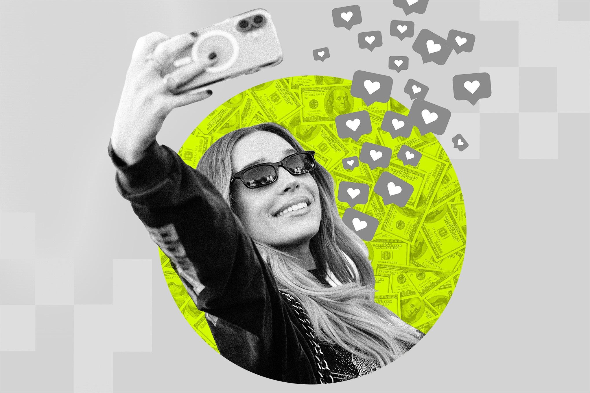 A stylized illustration of an influencer with a phone and reaction hearts