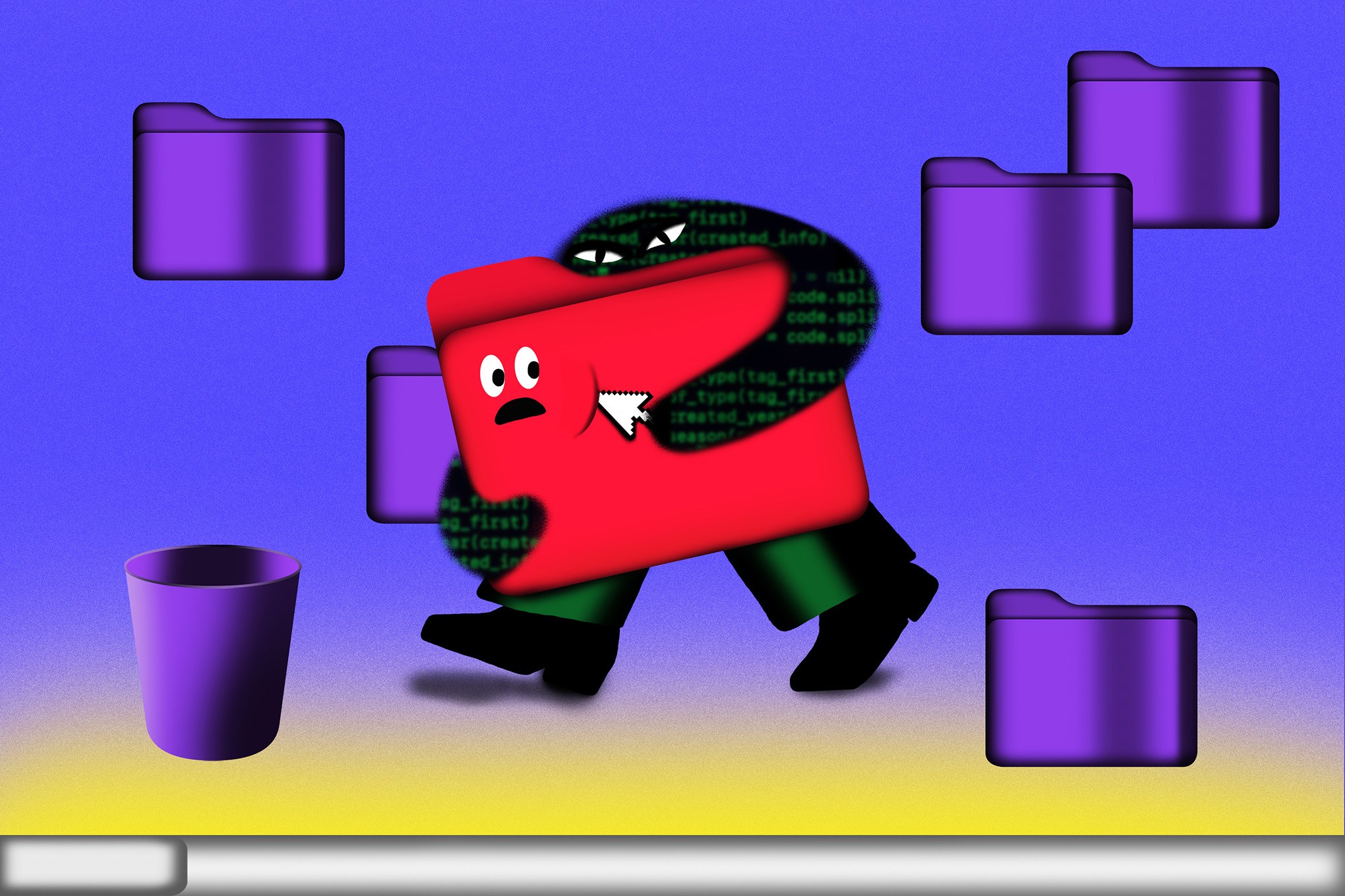 A shifty figure stealing a computer file.