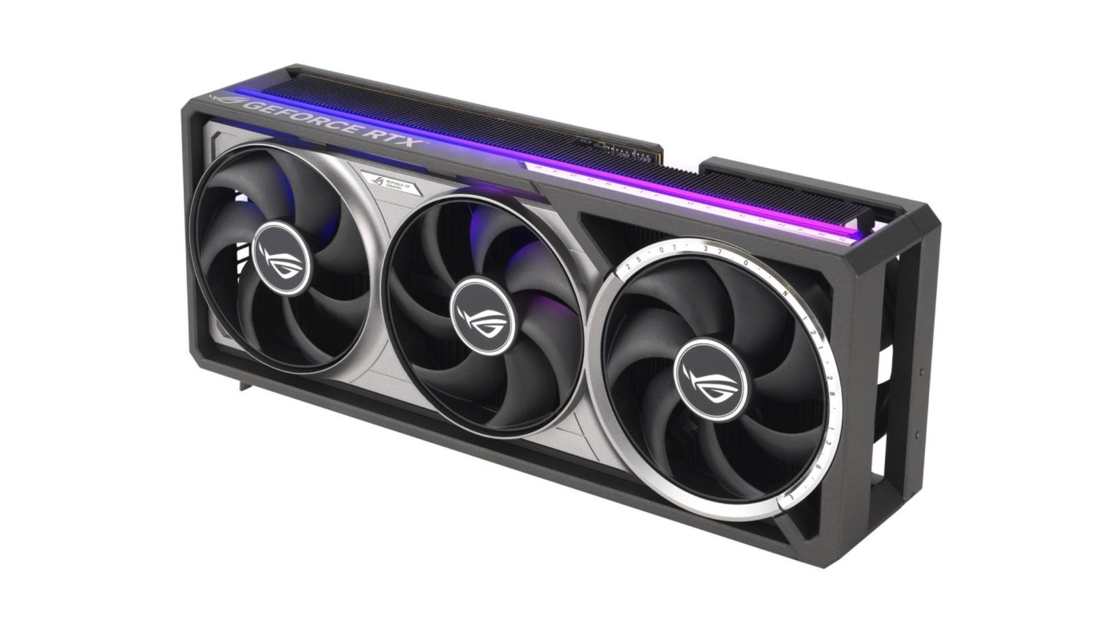 The Asus ROG Astral RTX 5080 OC graphics card in front of a white background