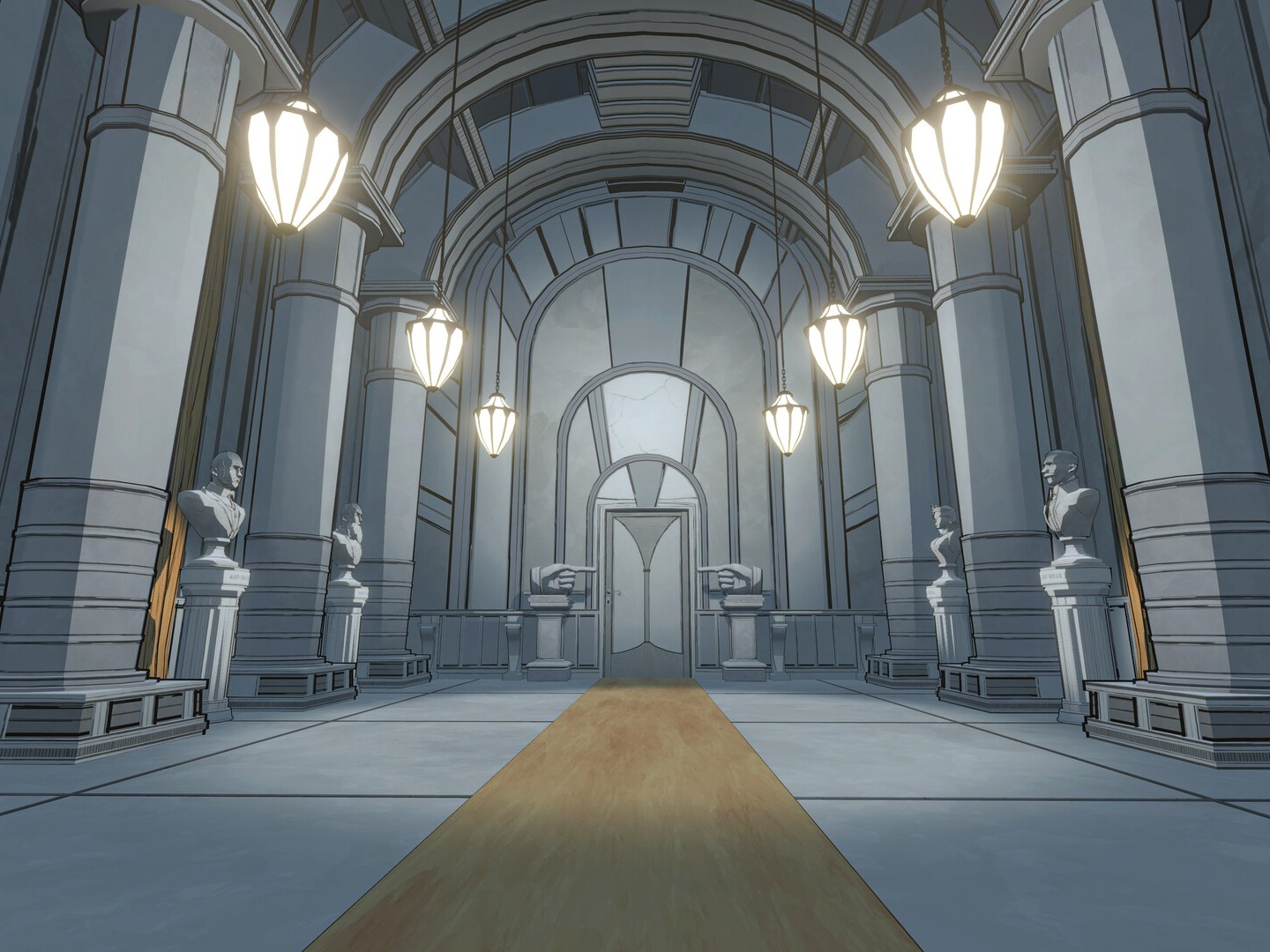 A hallway lined with stone busts and columns in the game Blue Prince.