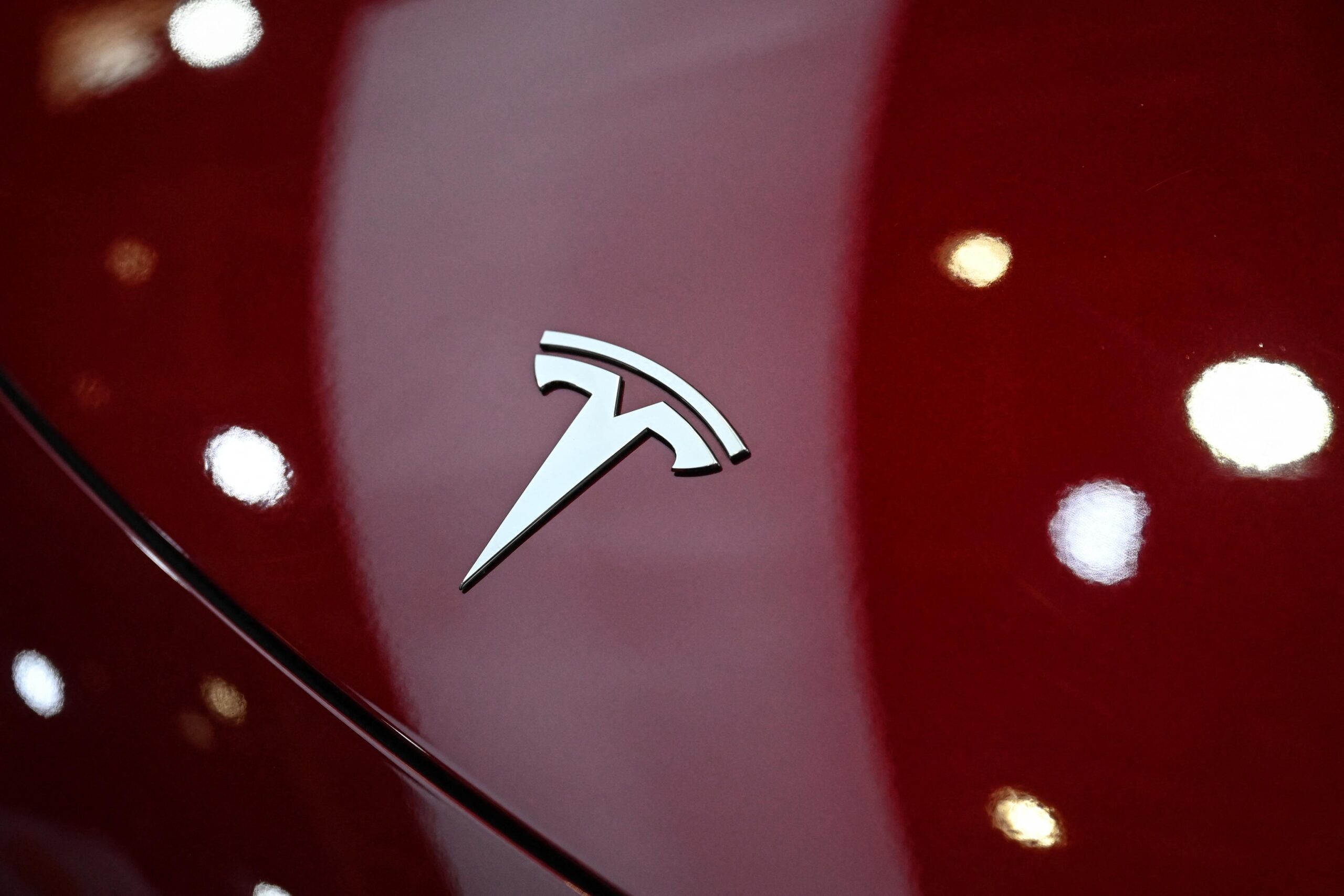 A photo of the Tesla logo on a vehicle
