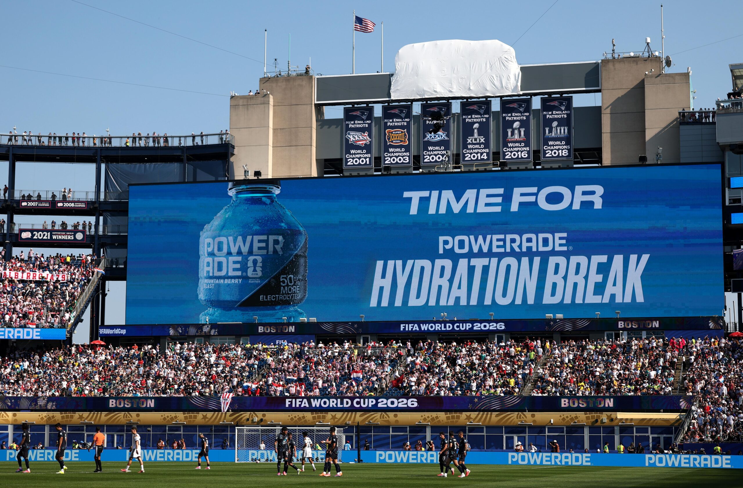 A billboard reading “Time for Powerade Hydration break” in the FIFA World Cup 2026 Round Of 32 match between Germany and Paraguay at Boston Stadium on June 29, 2026 in Foxborough, Massachusetts.