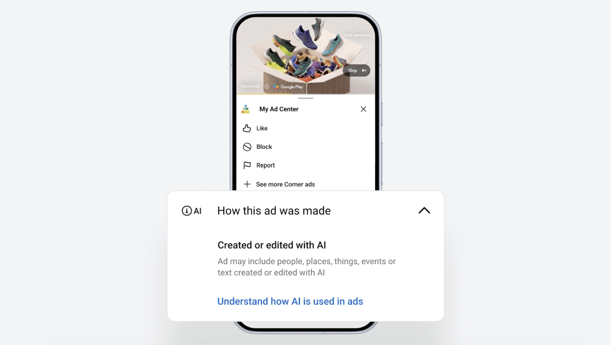 A screenshot of an AI disclosure label on a Google ad