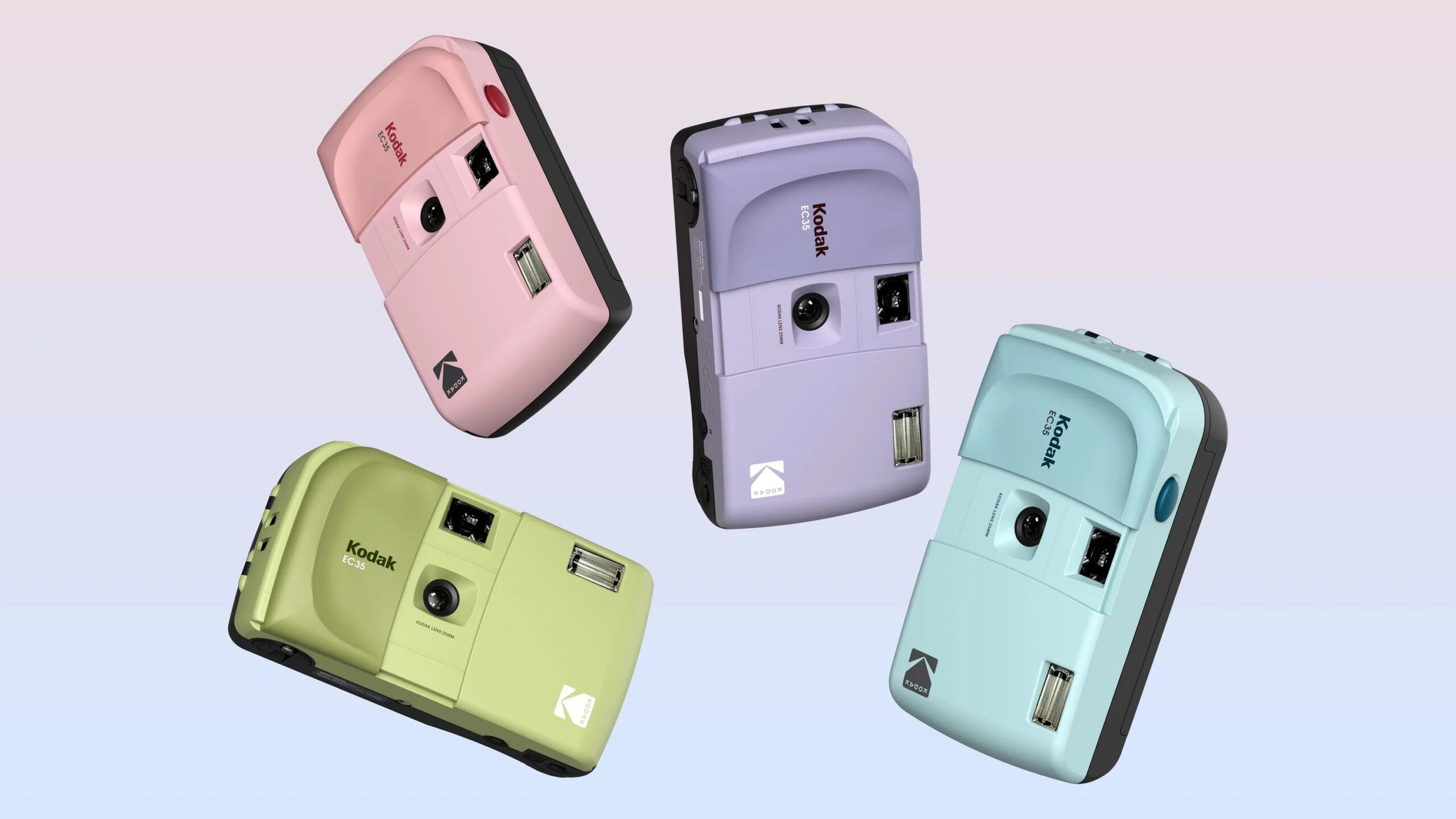 Four Kodak EC35 point-and-shoot film cameras in blush pink, lavendar, powder blue, and avocado green.