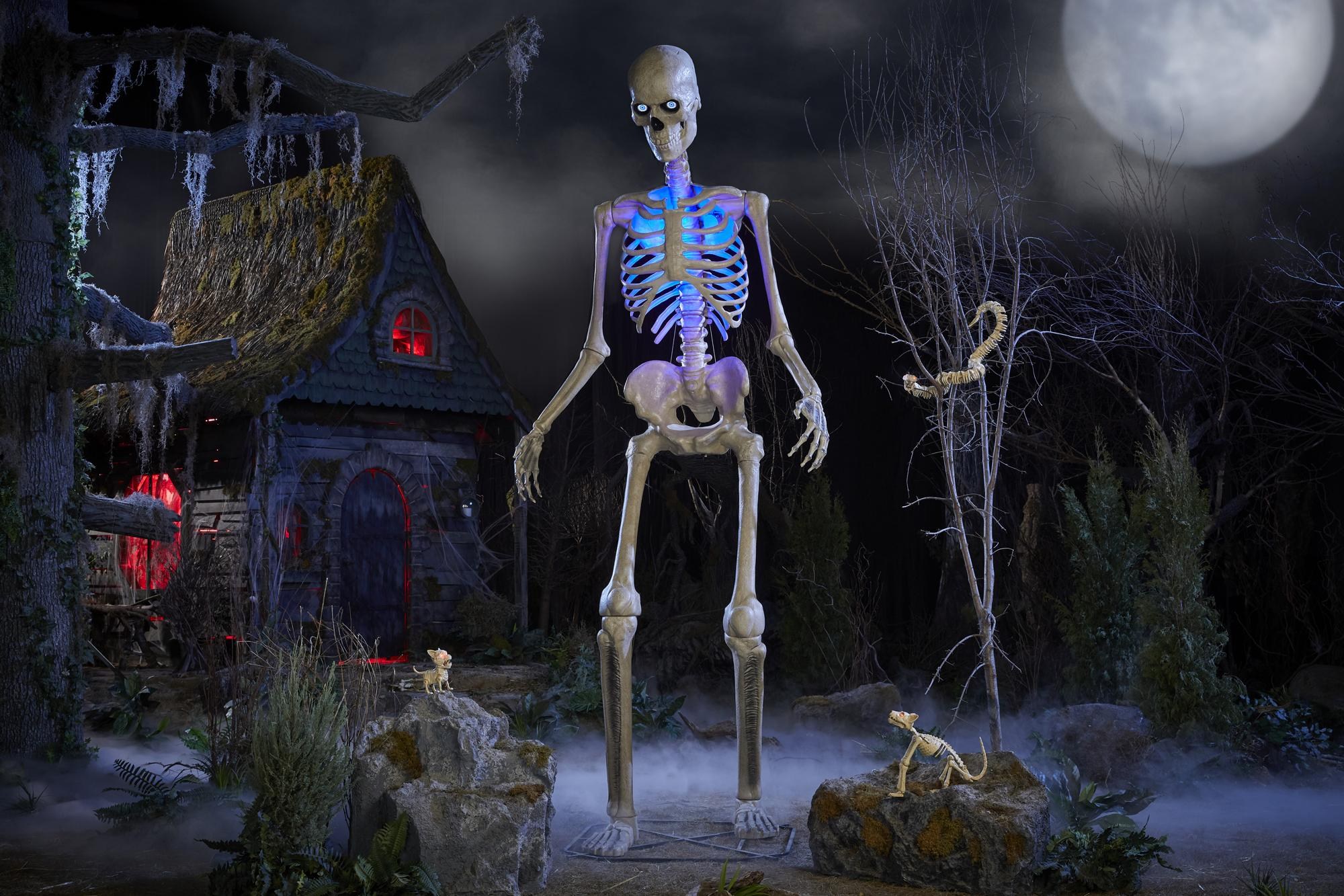 Home Depot’s 12-foot skeleton decoration posed in a spooky setting in front of a haunted house.