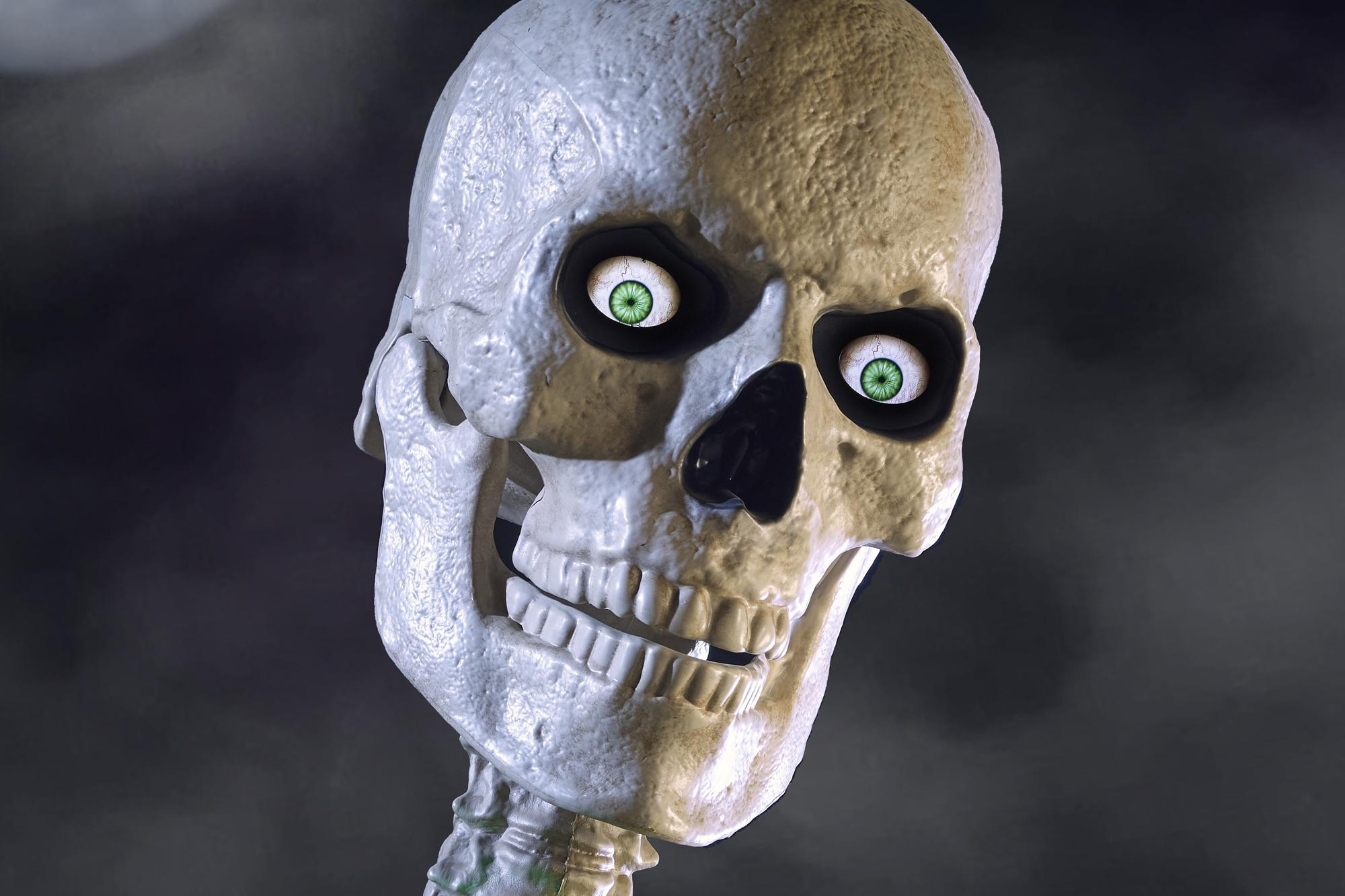 A close-up of the animated LCD eyes on the latest version of Home Depot's Skelly skeleton.