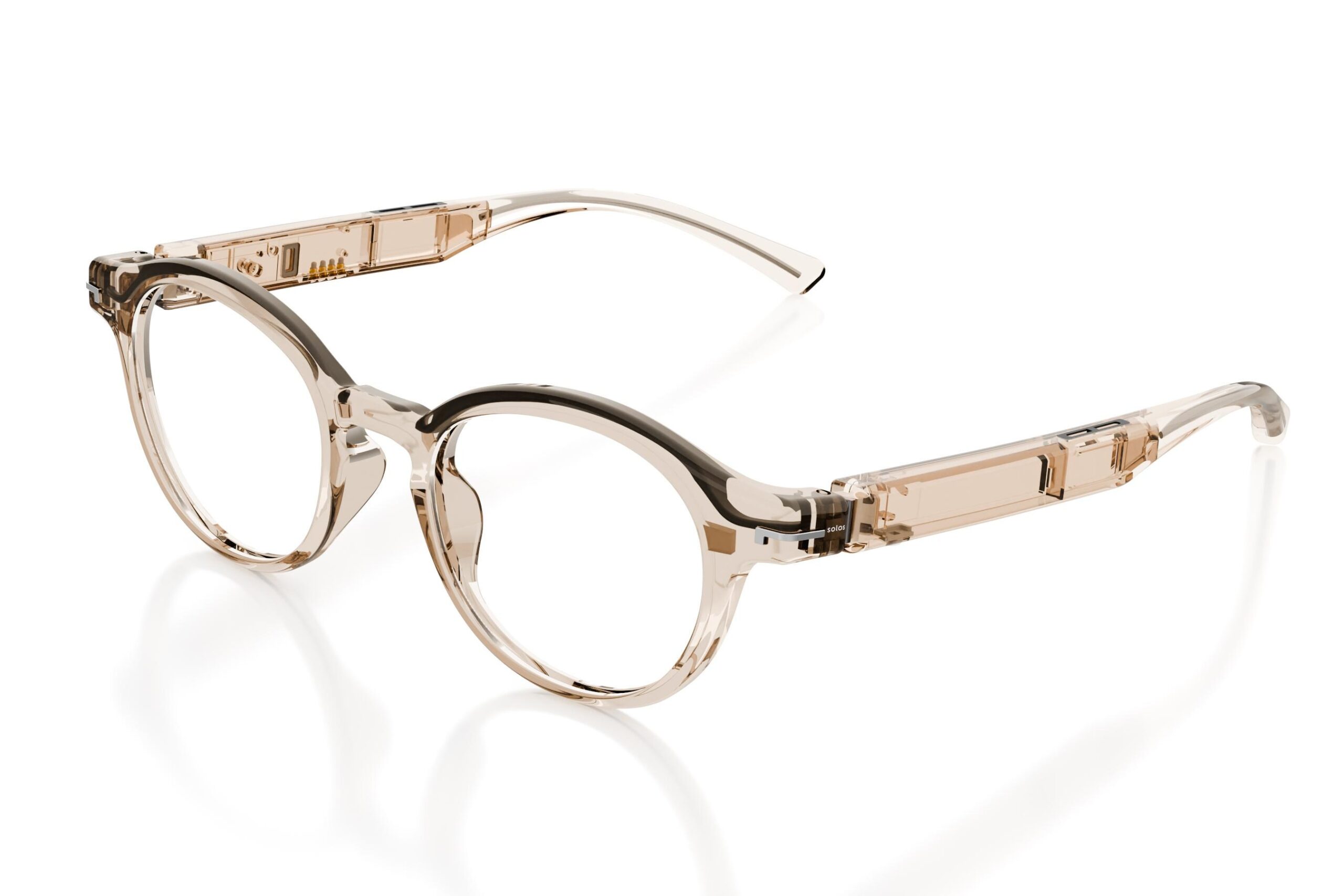 Solos’ AirGo A6 smart glasses in a clear shiny honey design.
