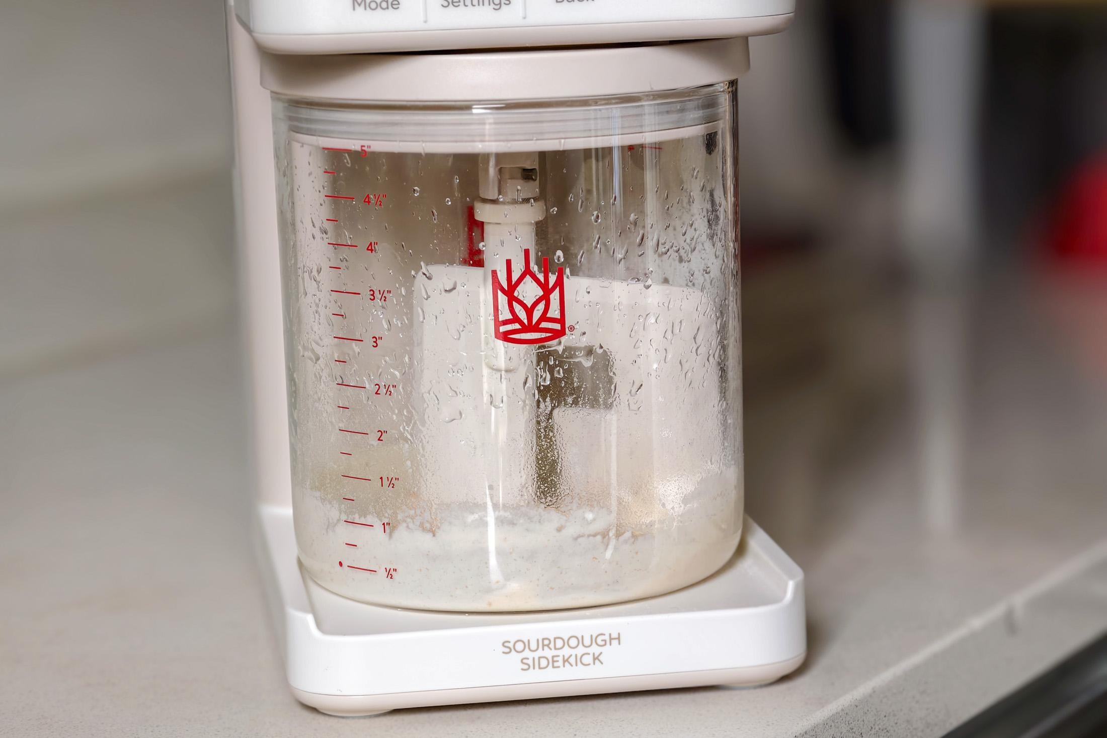 Photo of the Sourdough Sidekick on a kitchen counter showing it mixing a starter