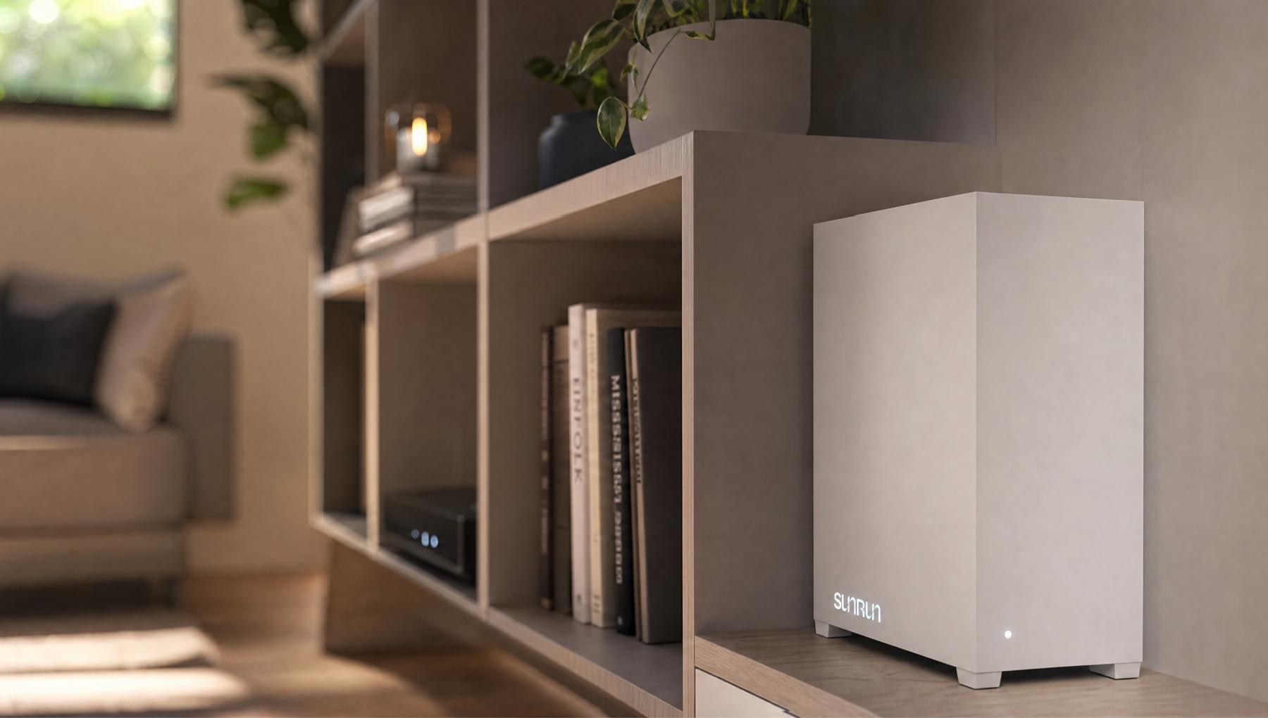 A Sunrun home AI compute node on a bookcase