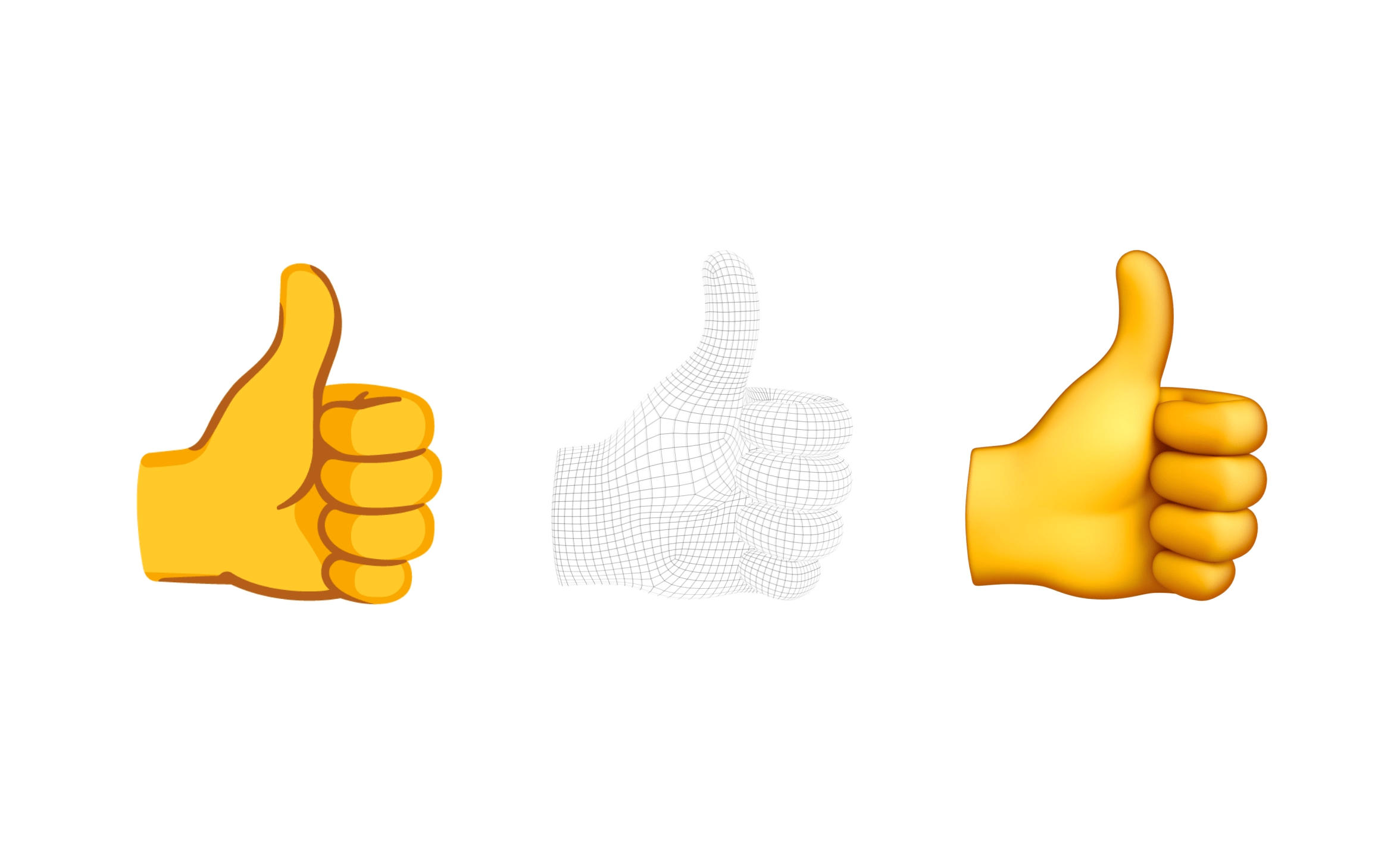 Google’s 2D blob thumbs up emoji next to a wire frame model and the new 3D model.