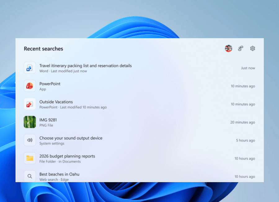 An image of the updated search menu Microsoft is testing in Windows 11